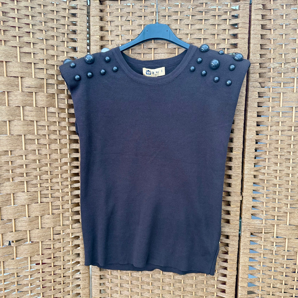Beaded top with shoulder pads