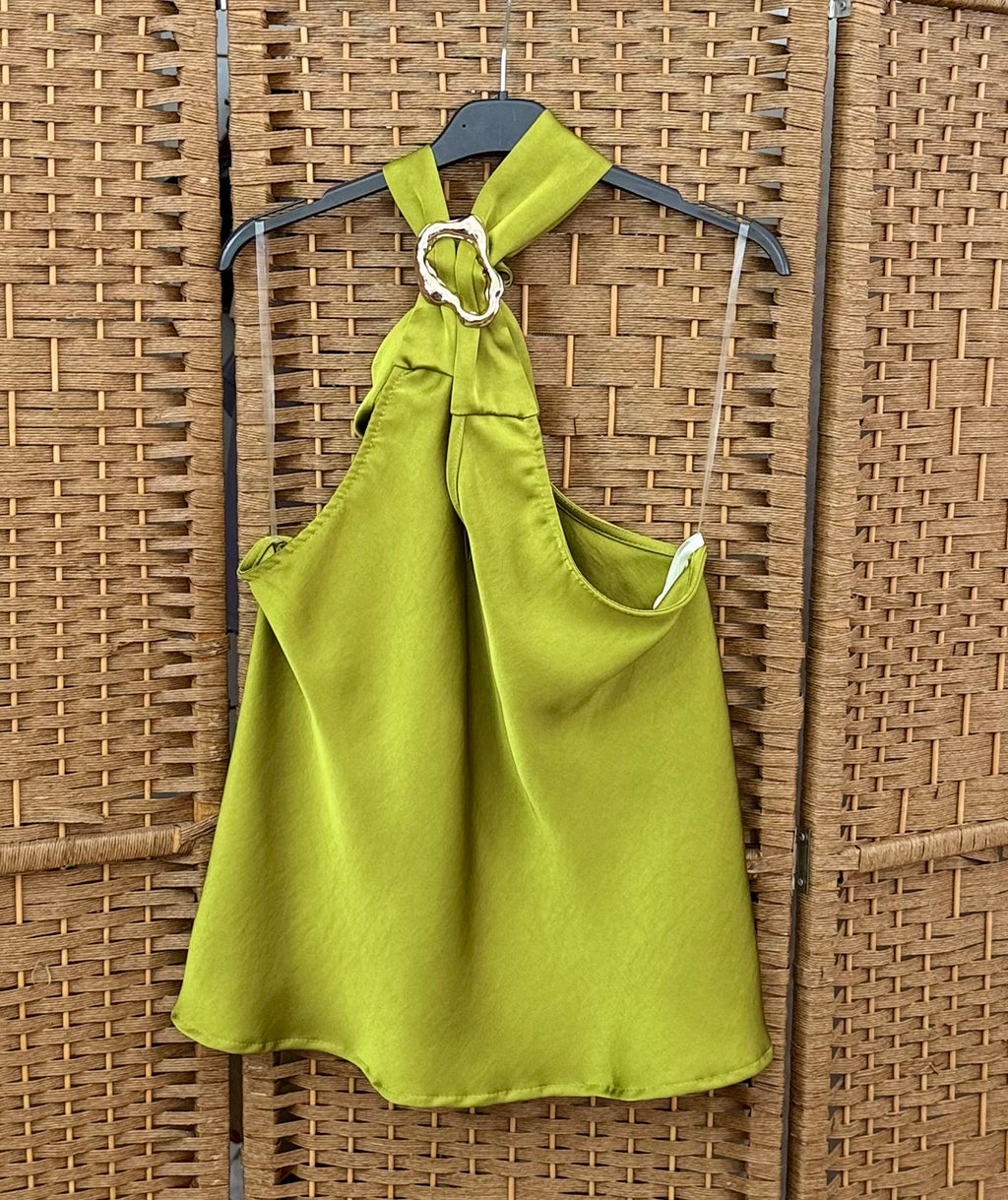 Shiny Open-Back Top with Gold Neck Detail