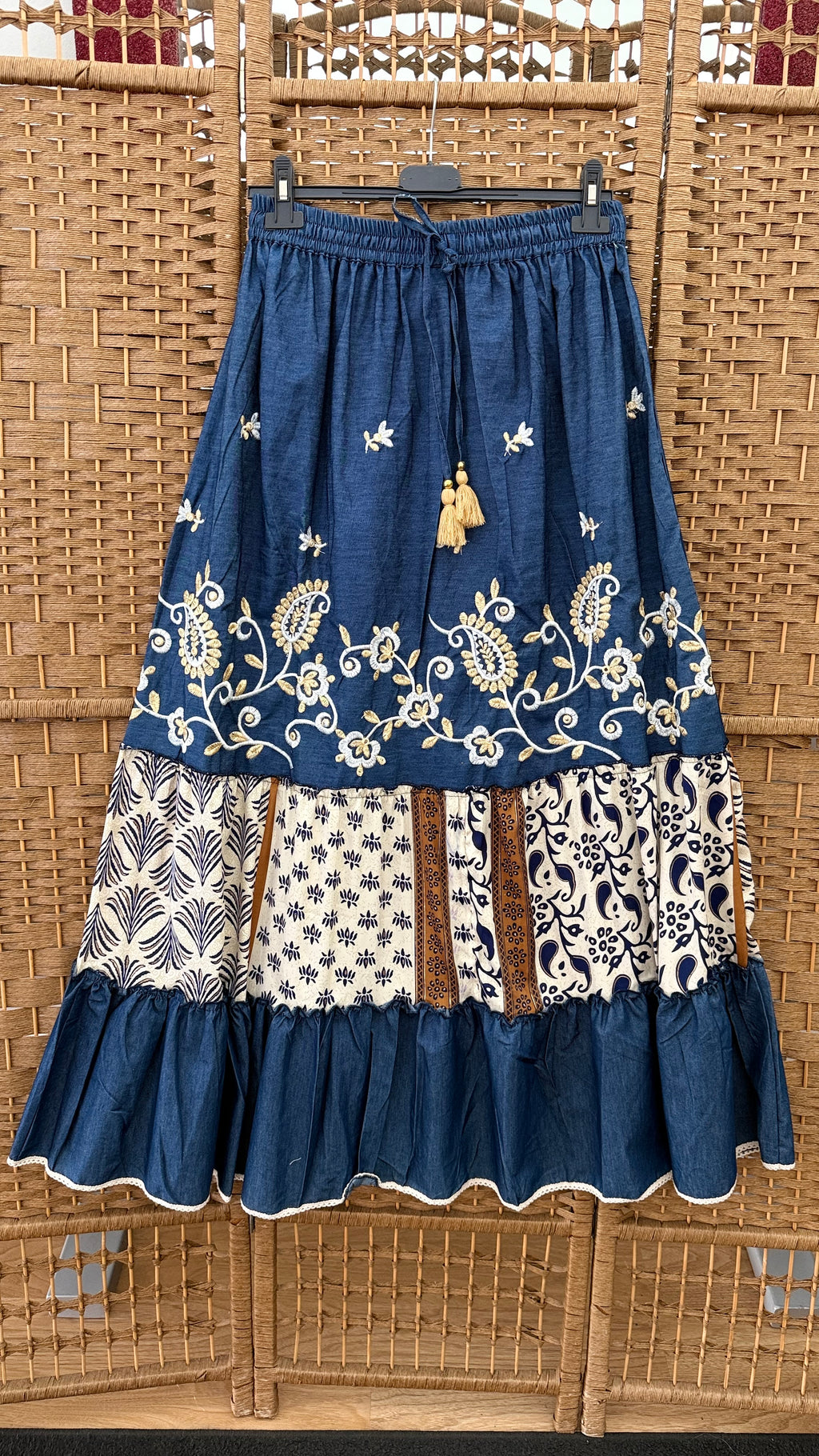 Boho Viscose Skirt – Dark Blue & Golden Embroidery