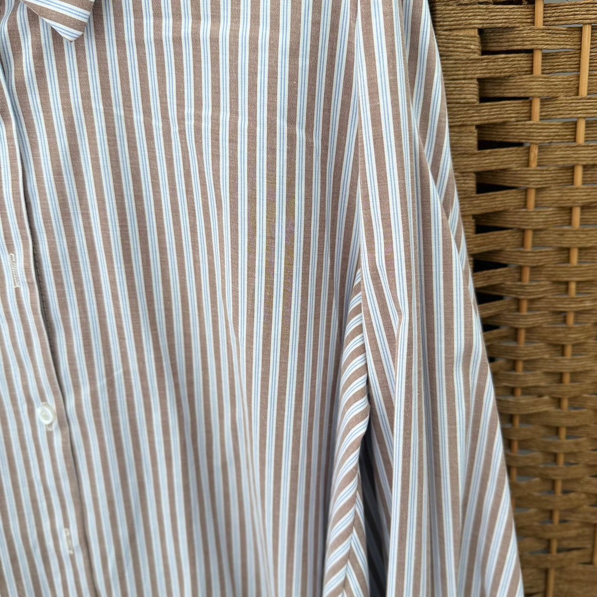 Cotton white shirt with light brown and blue stripes and frilled sleeve