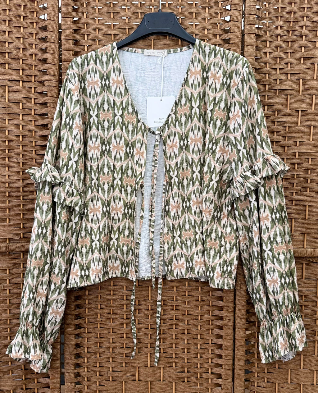 Floral Viscose Cardigan – Front Tie, Frill Detail & Elastic Sleeves
