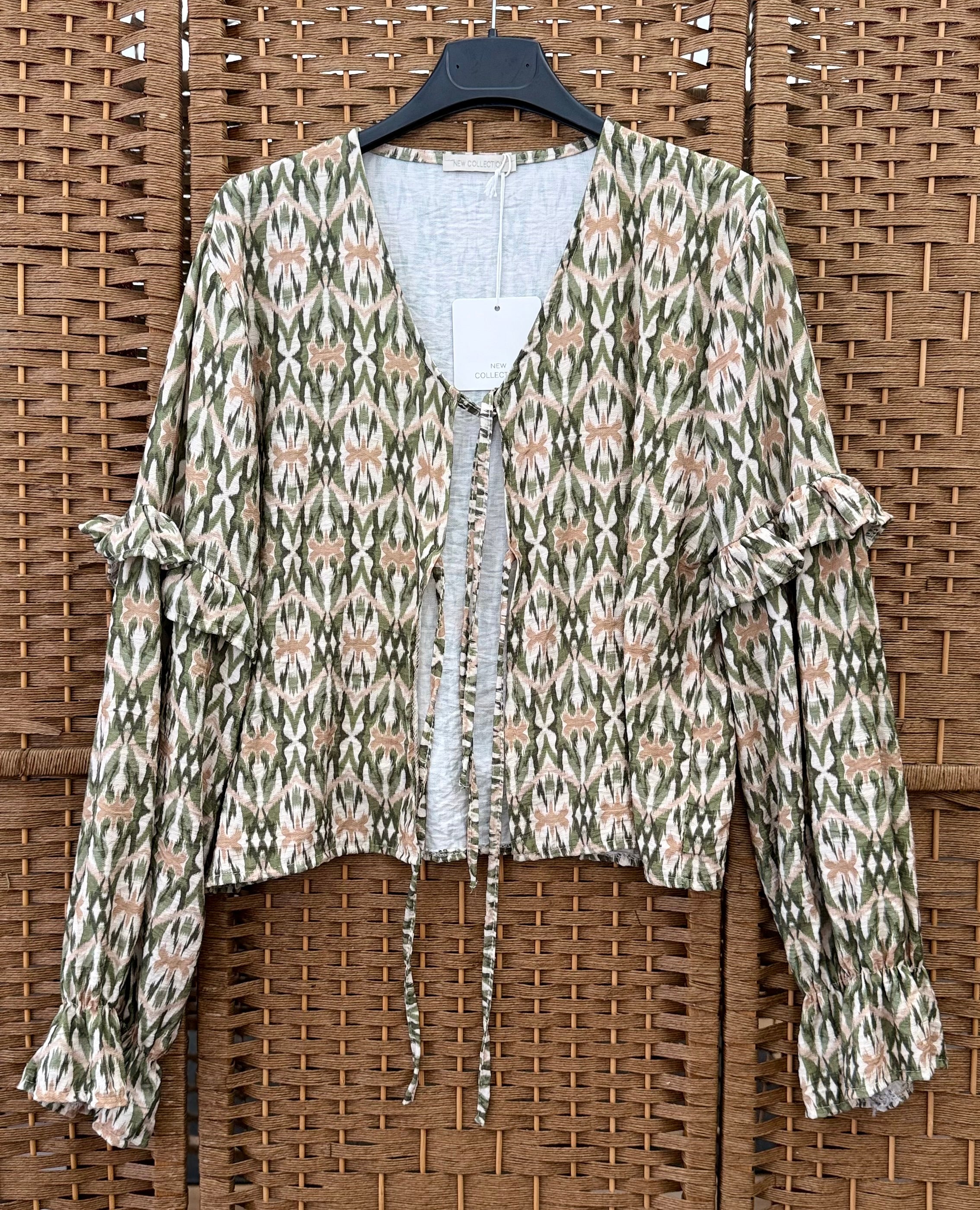 Floral Viscose Cardigan – Front Tie, Frill Detail & Elastic Sleeves