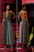 Open Back Evening Dress in Bronze and Charcoal