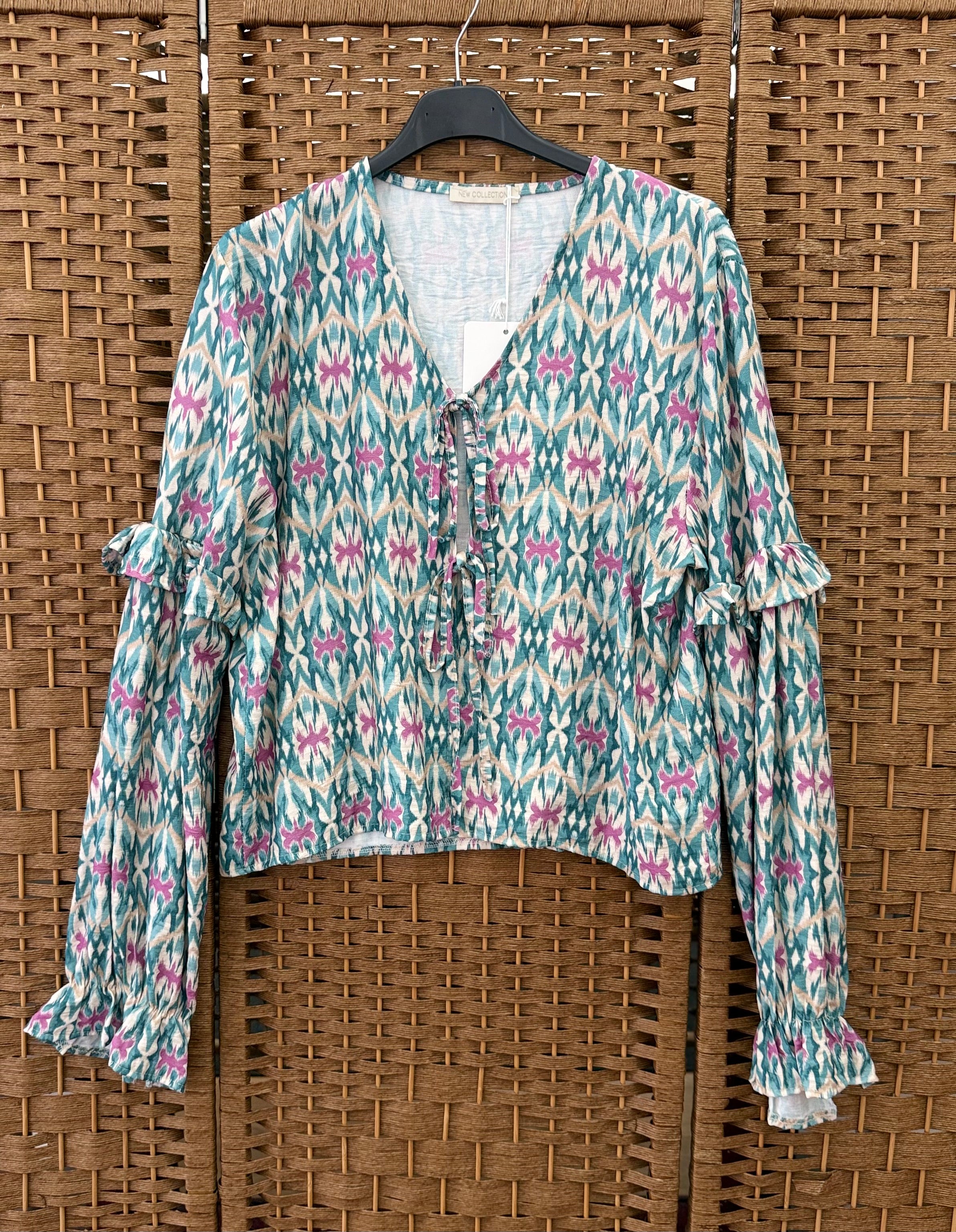 Floral Viscose Cardigan – Front Tie, Frill Detail & Elastic Sleeves