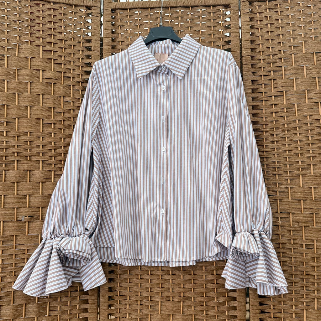 Cotton white shirt with light brown and blue stripes and frilled sleeve