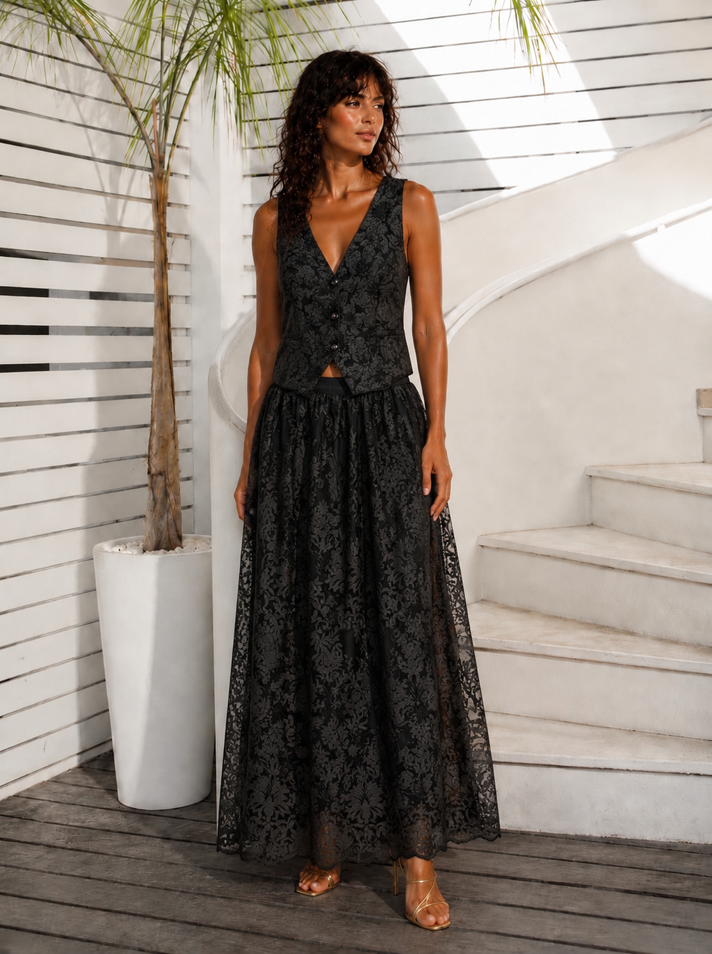 Black Lace Skirt with Floral Pattern – Elastic Waist