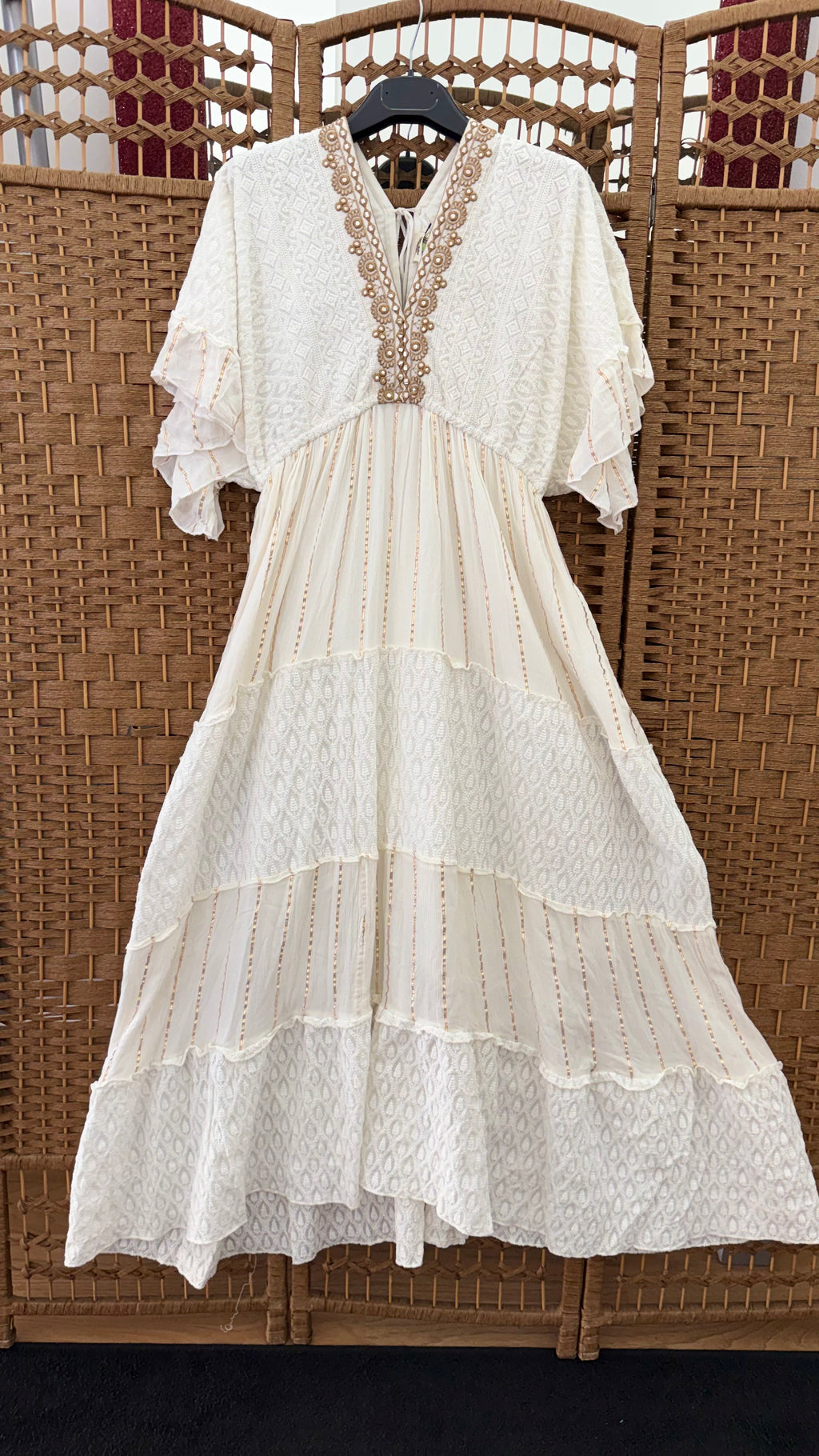 Embroidered Dress – White & Light Beige with Golden Details