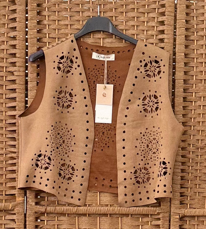 Camel Suede-Effect Open-Front Gilet