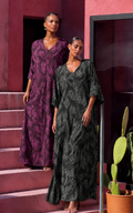 Floral Jacquard Maxi Dress – V-Neck & Wide Sleeves in Dark Green & Plum