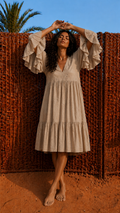 Cotton Eyelet Dress – Wide Sleeves in Light Blue, Beige & Dark Beige