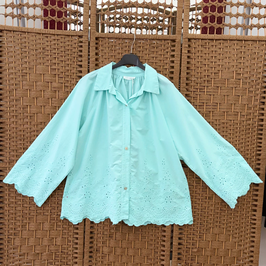 Cotton Eyelet Shirt – Yellow & Light Turquoise with Wide Sleeves