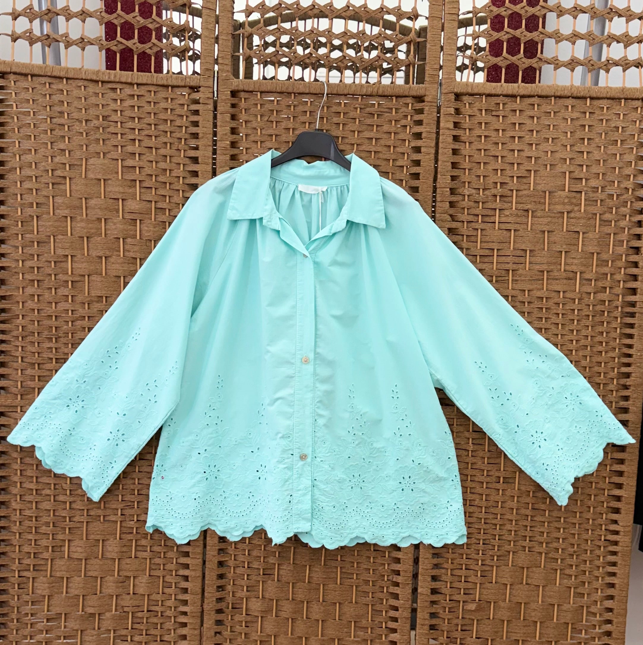 Cotton Eyelet Shirt – Yellow & Light Turquoise with Wide Sleeves