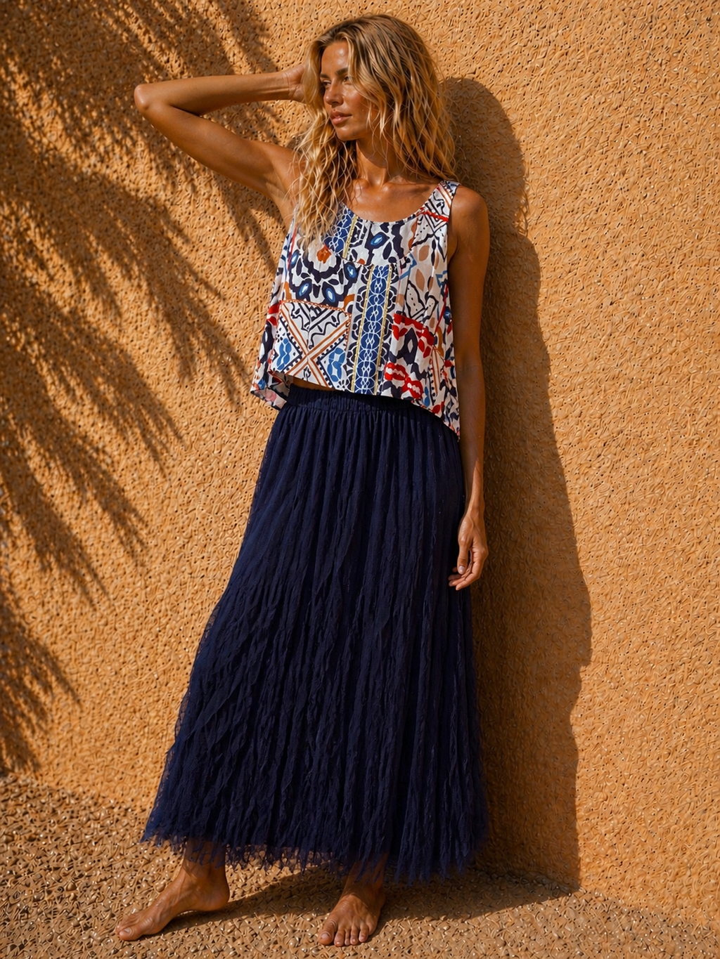 Blue Wrinkled Lace Maxi Skirt