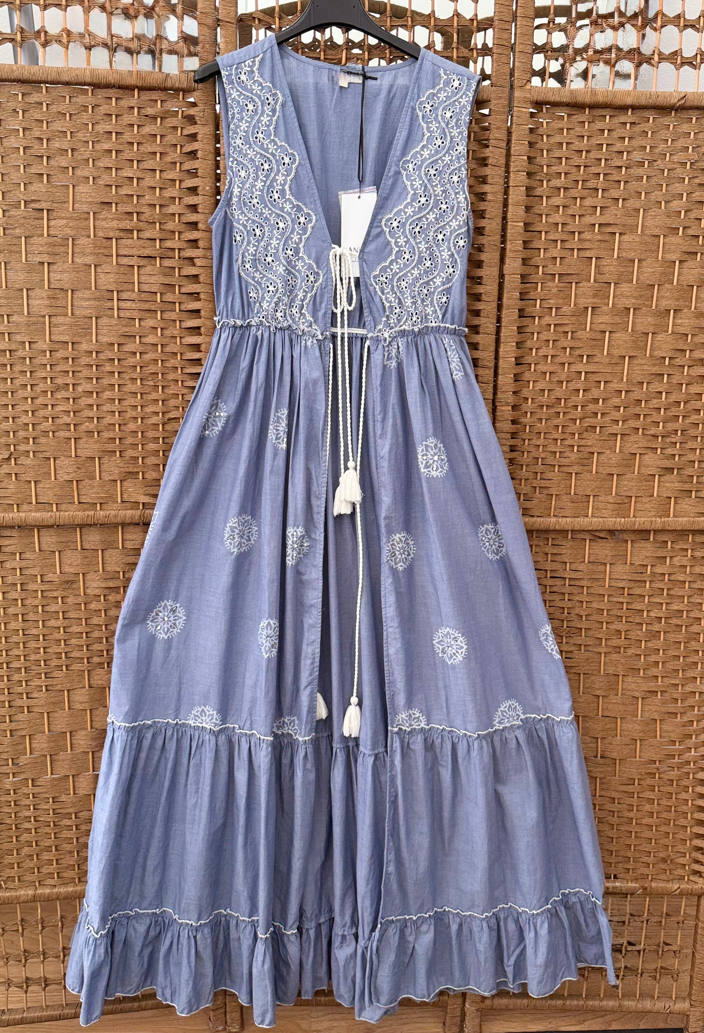 Cotton Kimono – Denim Blue with Silver Beads & White Embroidery
