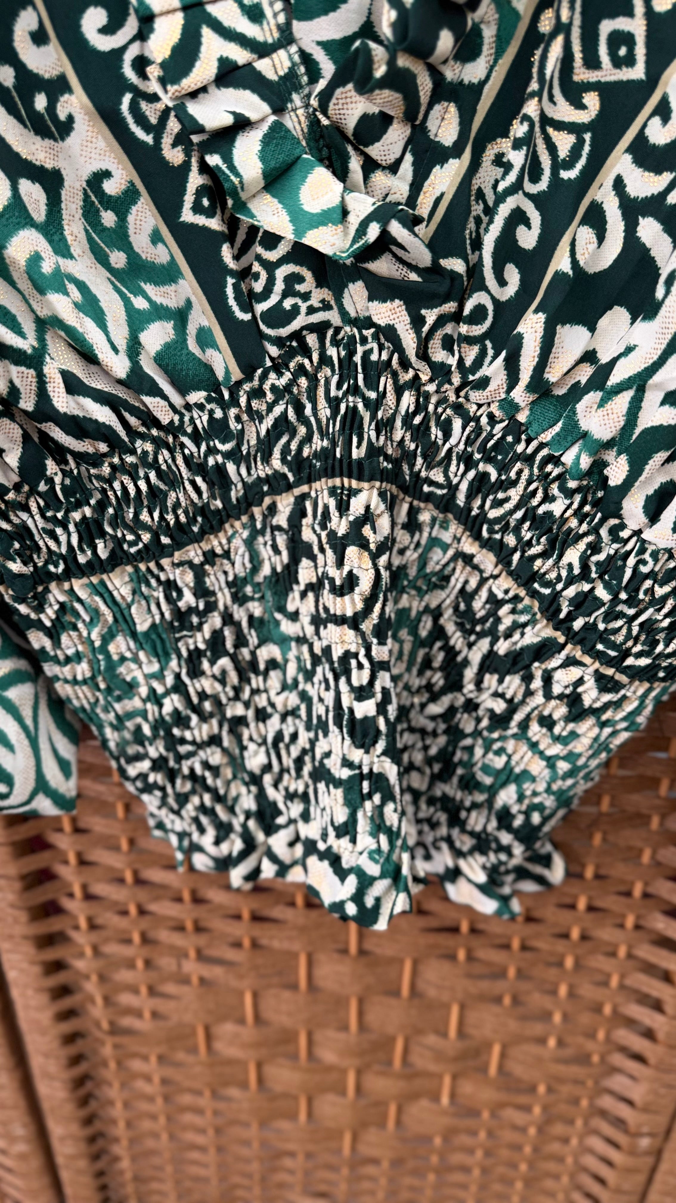 Dark Green top, Beige & Golden Pattern
