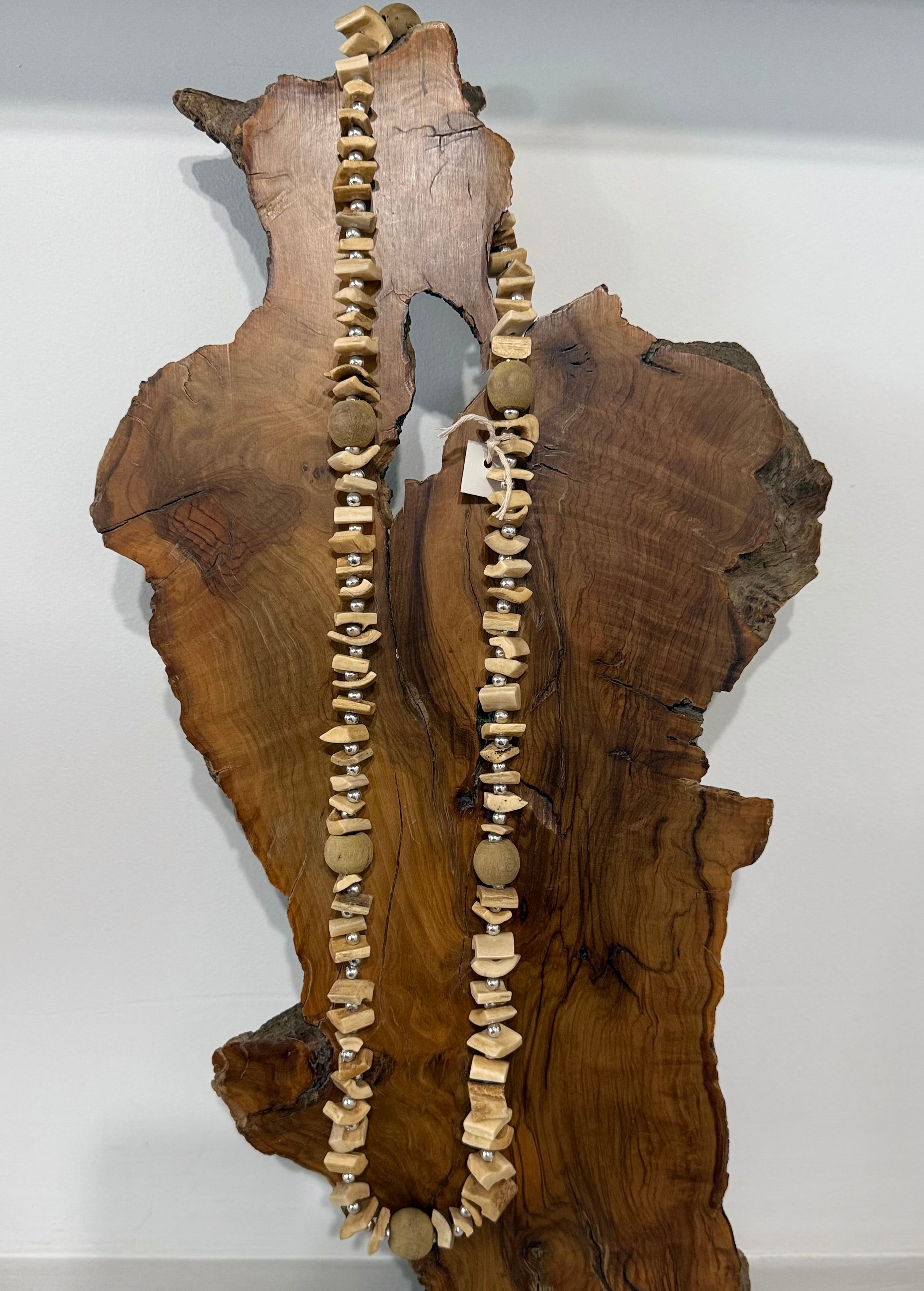 Long Beige & Silver Bead Necklace