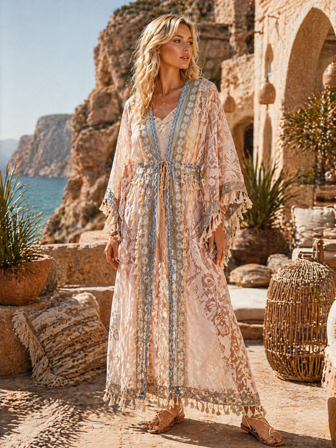 Lace Kimono Kaftan – Beige & Brown with Gold & Blue Details