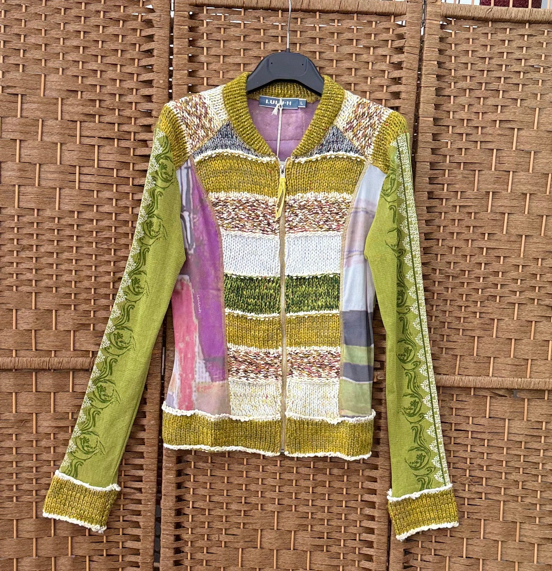 Lime, Violet & Beige Lace and Knit Zip Jacket