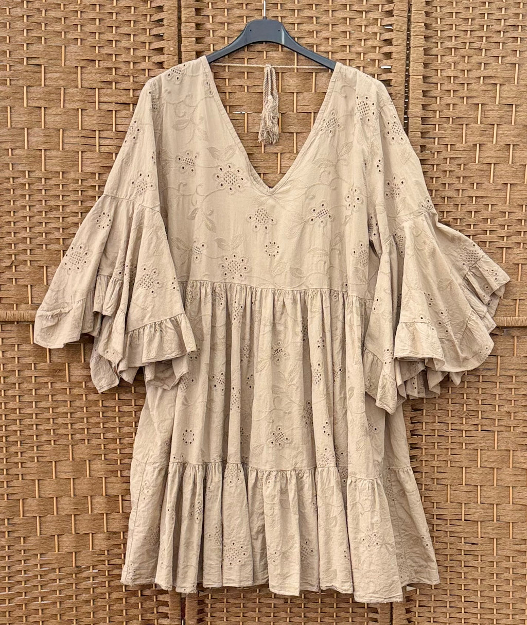 Cotton Eyelet Dress – Wide Sleeves in Light Blue, Beige & Dark Beige
