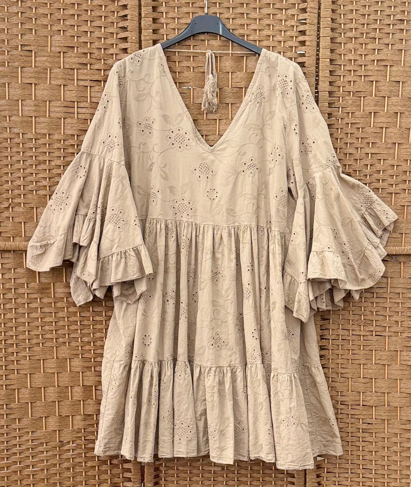 Cotton Eyelet Dress – Wide Sleeves in Light Blue, Beige & Dark Beige