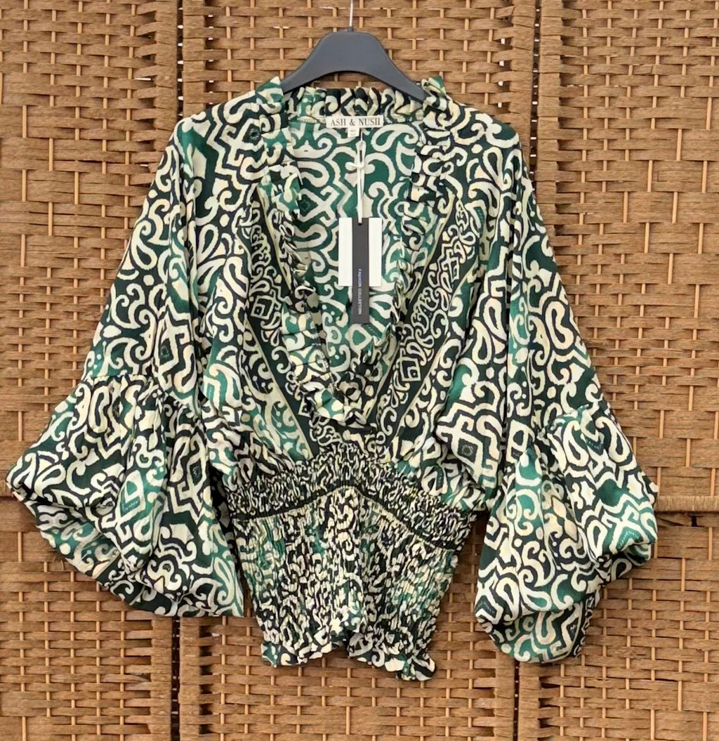 Dark Green top, Beige & Golden Pattern