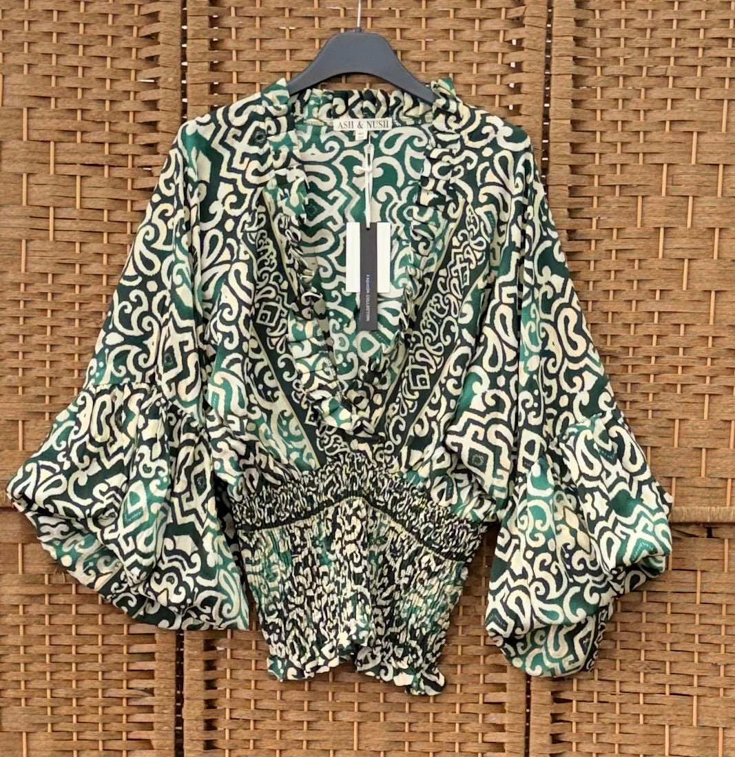 Dark Green top, Beige & Golden Pattern