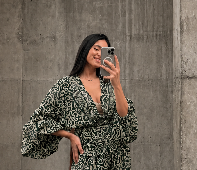 Dark Green top, Beige & Golden Pattern