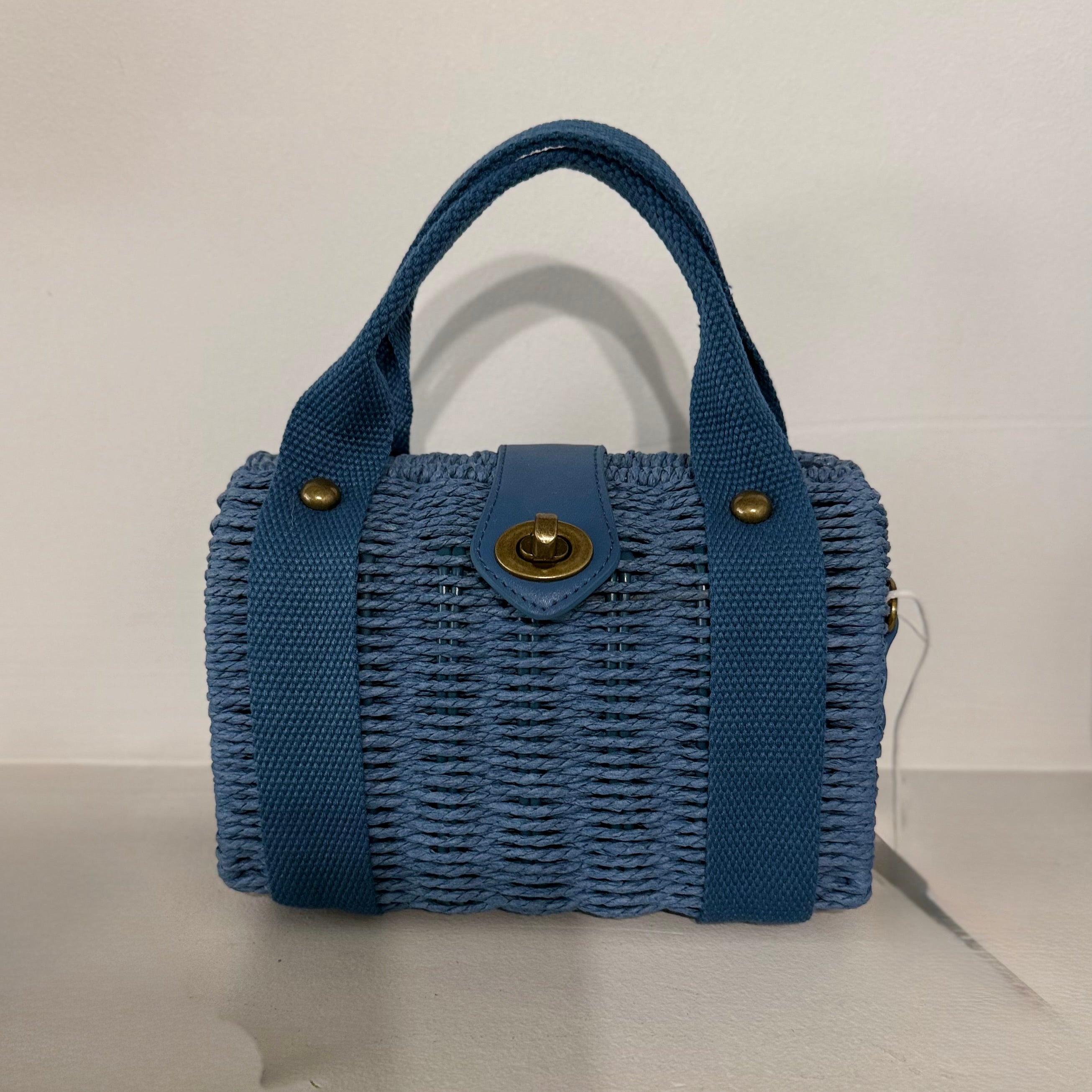 Blue Straw Bag with Canvas Handles