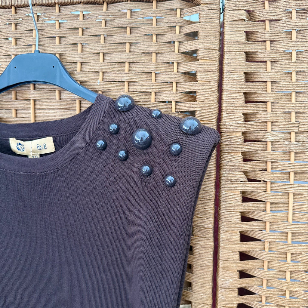 Beaded top with shoulder pads