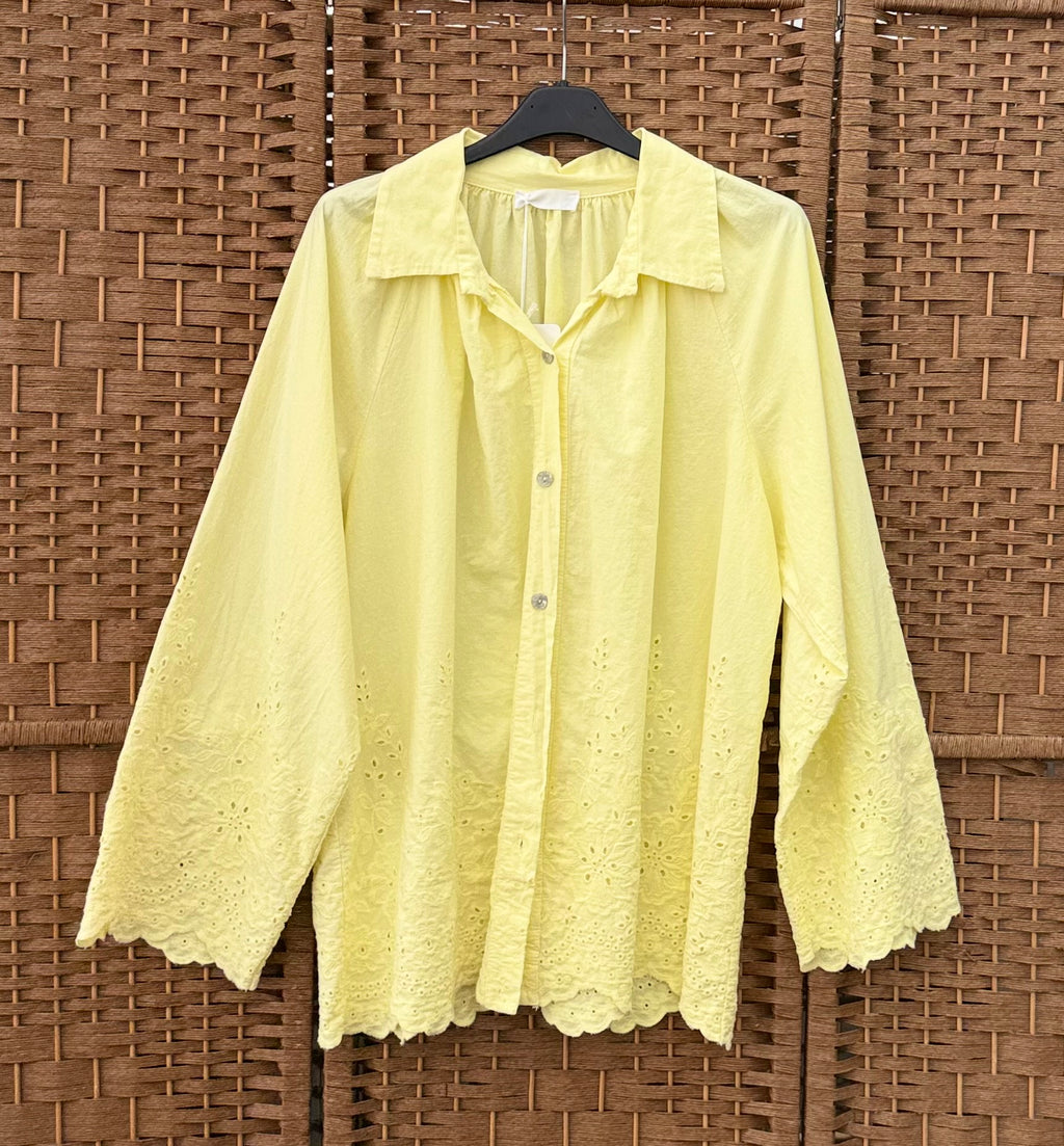 Cotton Eyelet Shirt – Yellow & Light Turquoise with Wide Sleeves