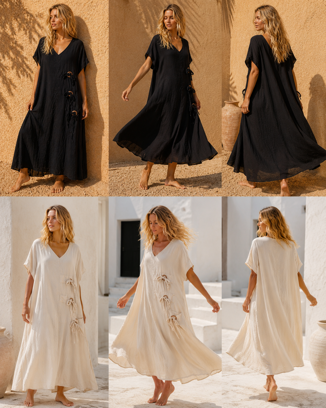 Wide Viscose Dress with Brown Button Detail – Black & Beige