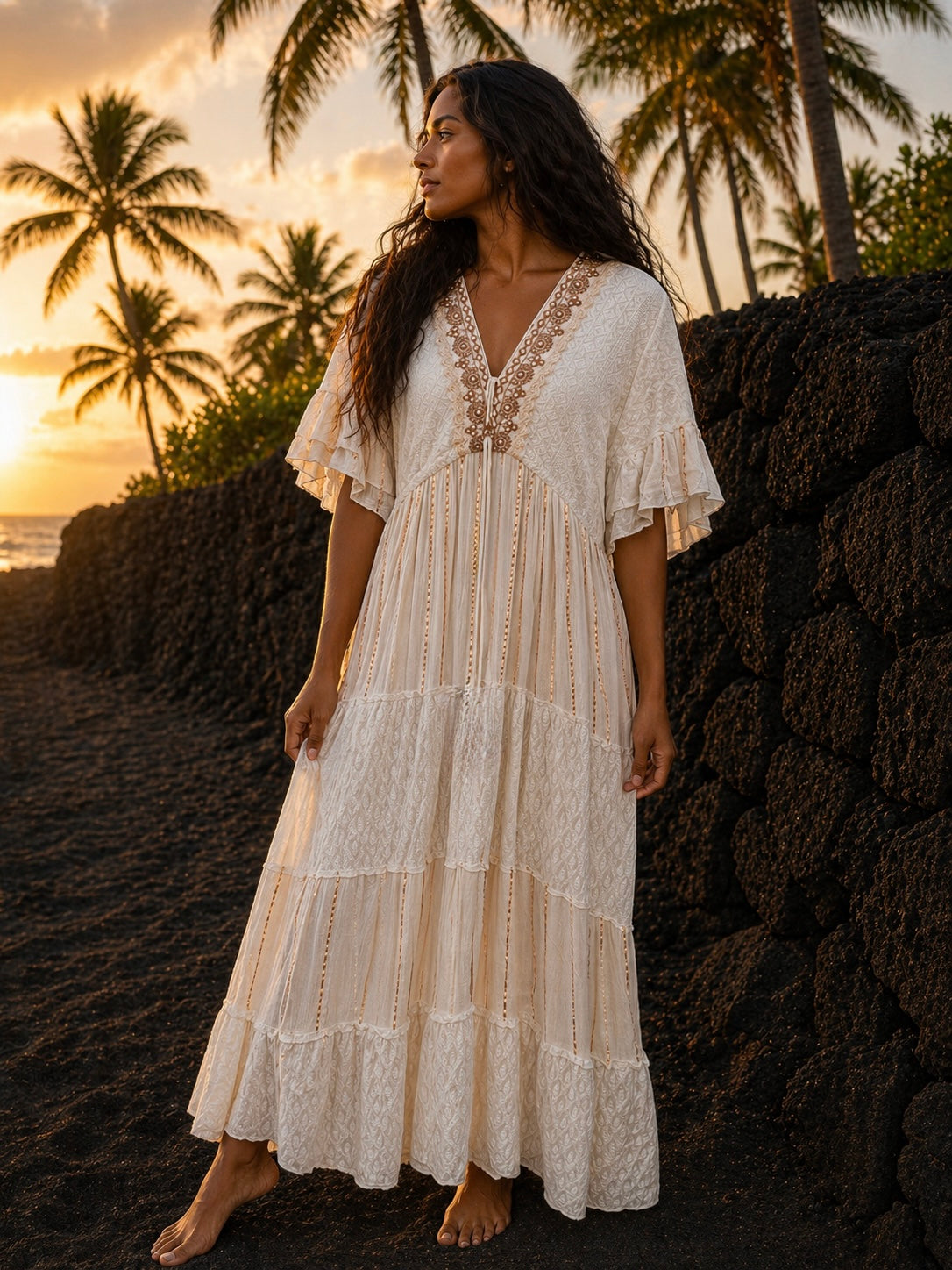 Embroidered Dress – White & Light Beige with Golden Details