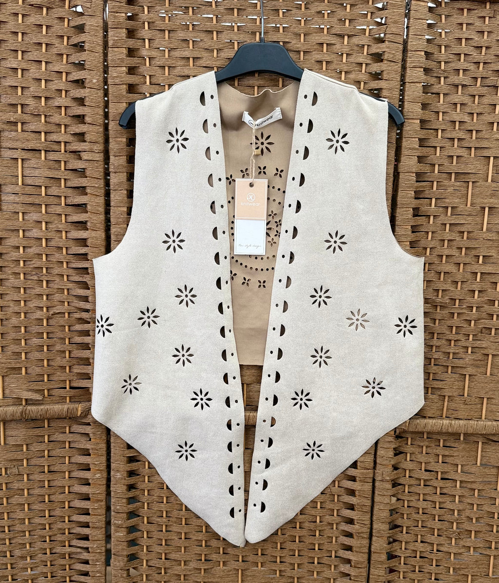 Beige Suede-Effect Open-Front Gilet