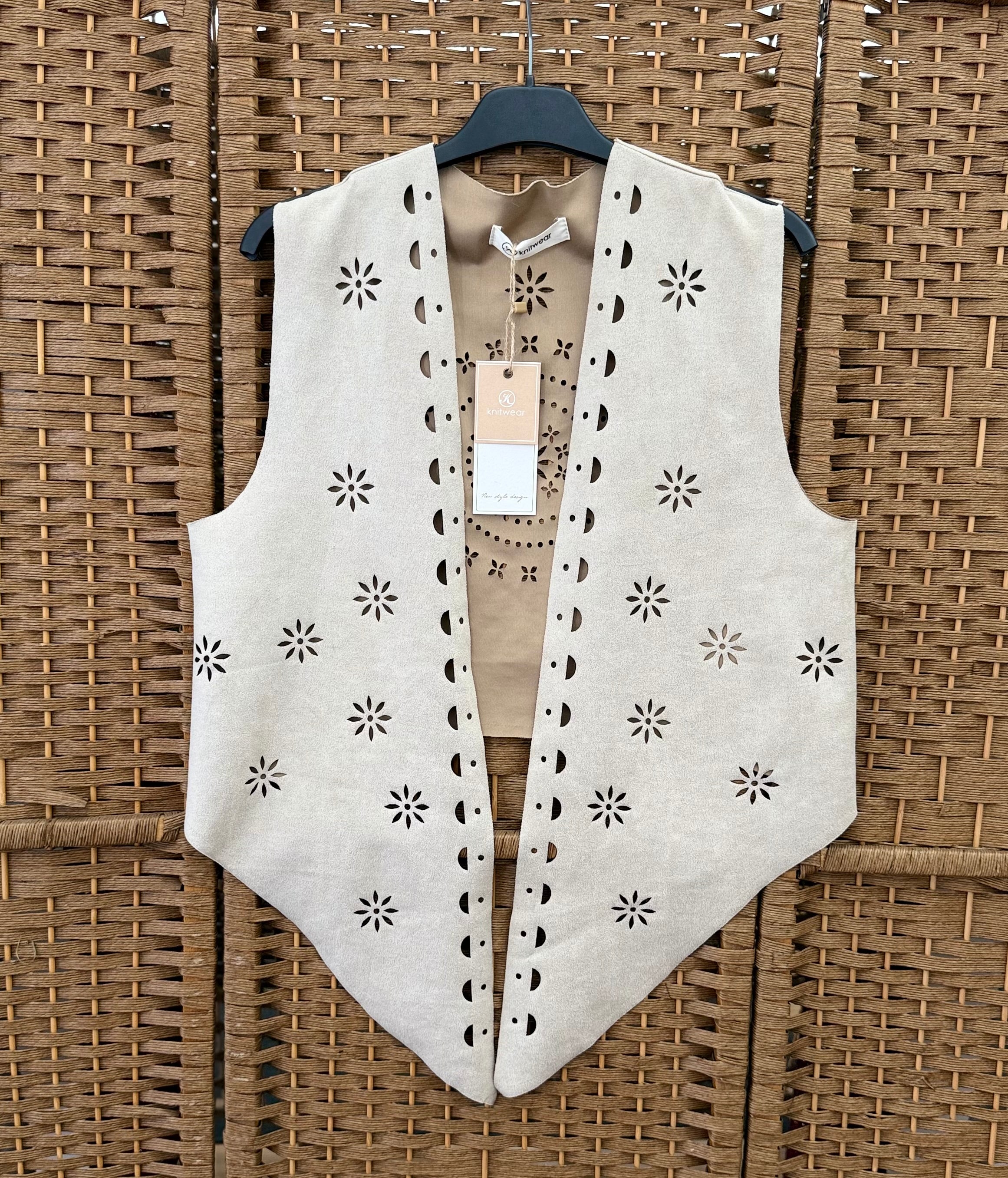 Beige Suede-Effect Open-Front Gilet