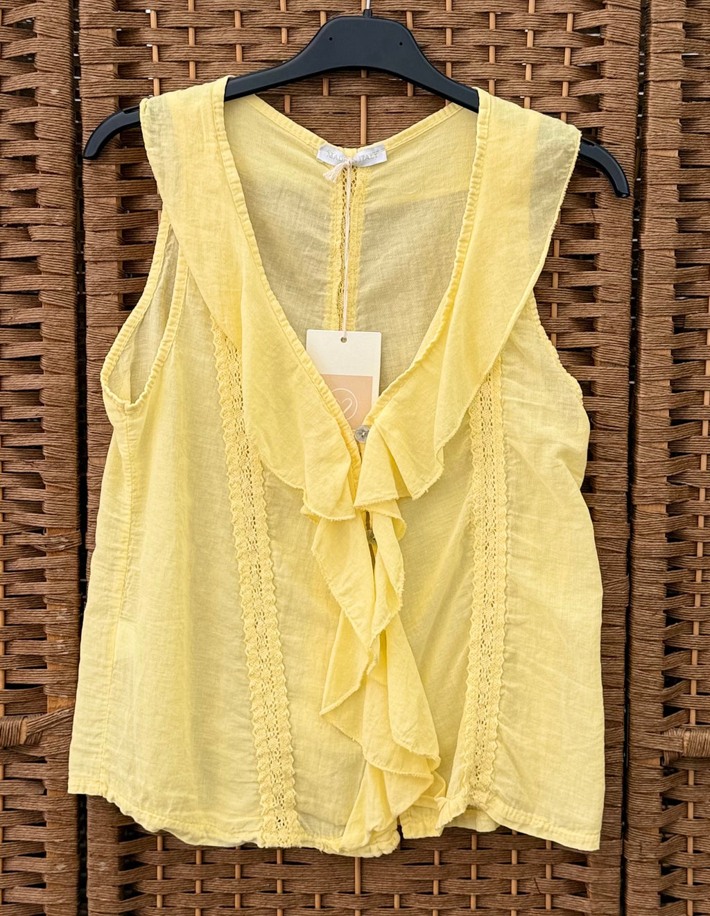 Yellow Cotton Top with Frills & Embroidered Strips – 100% Cotton