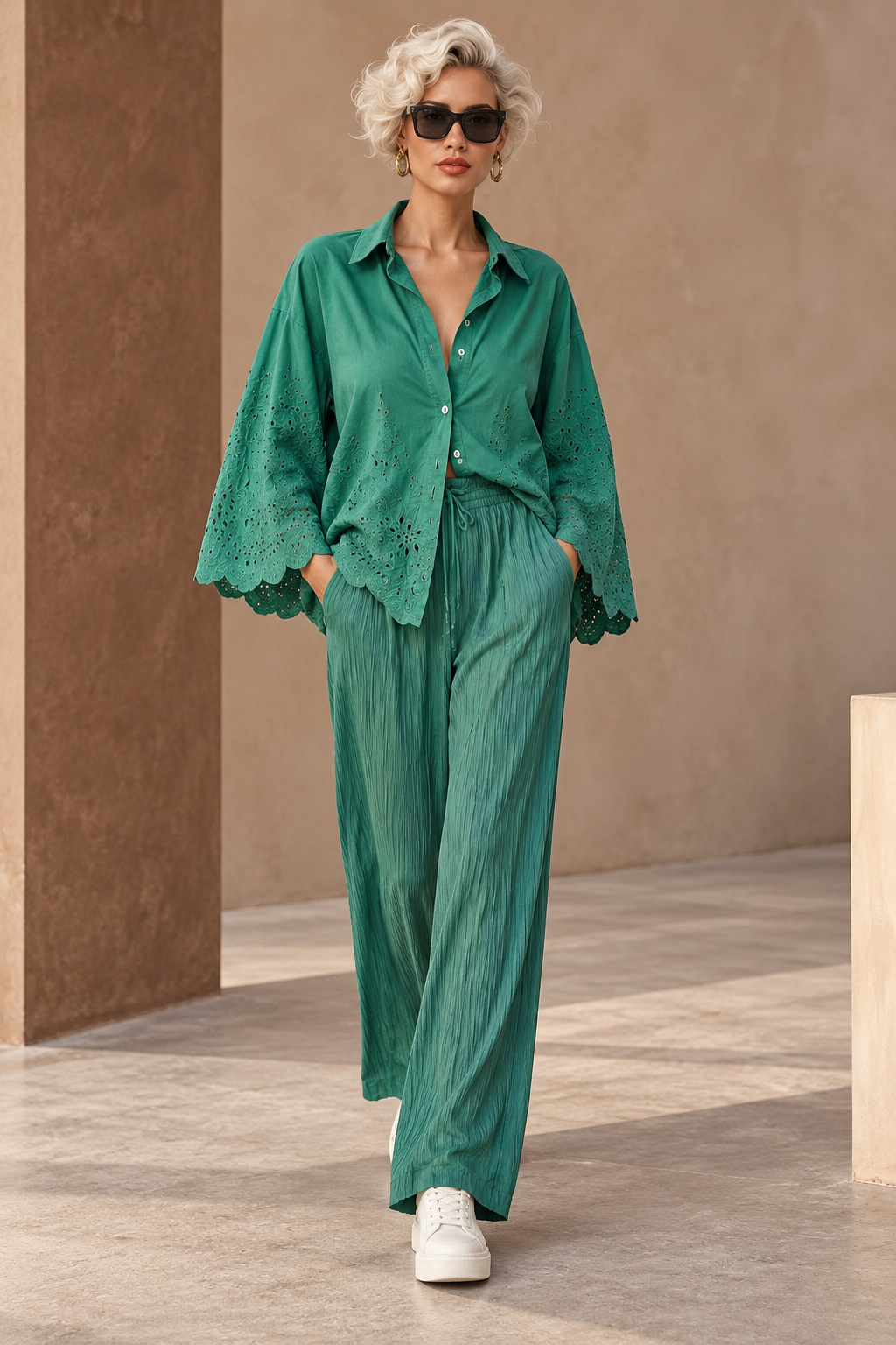 Green plisse viscose pants