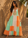 Colour Block Viscose Dress – Wrinkled Fabric with Chest Embroidery