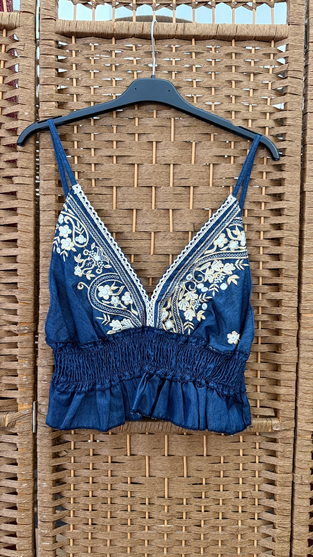 Boho Embroidered Crop Top – Dark Blue with Gold & Beige Detail