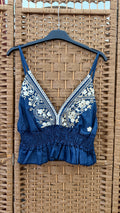 Boho Embroidered Crop Top – Dark Blue with Gold & Beige Detail