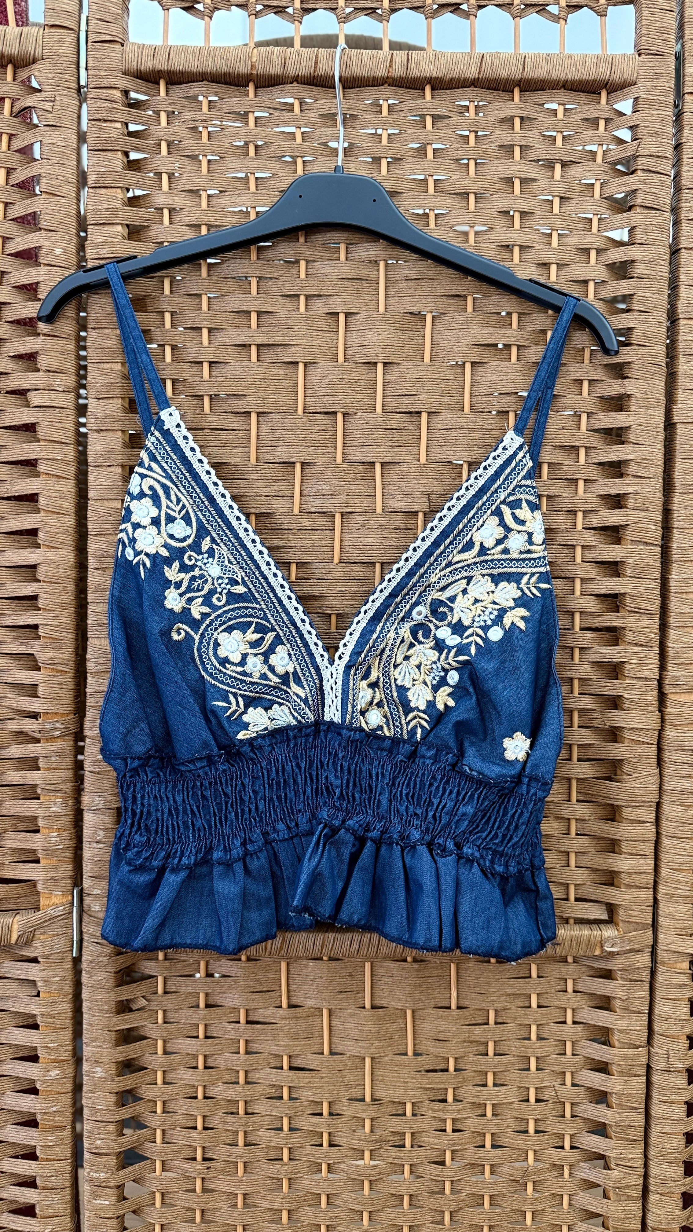 Boho Embroidered Crop Top – Dark Blue with Gold & Beige Detail
