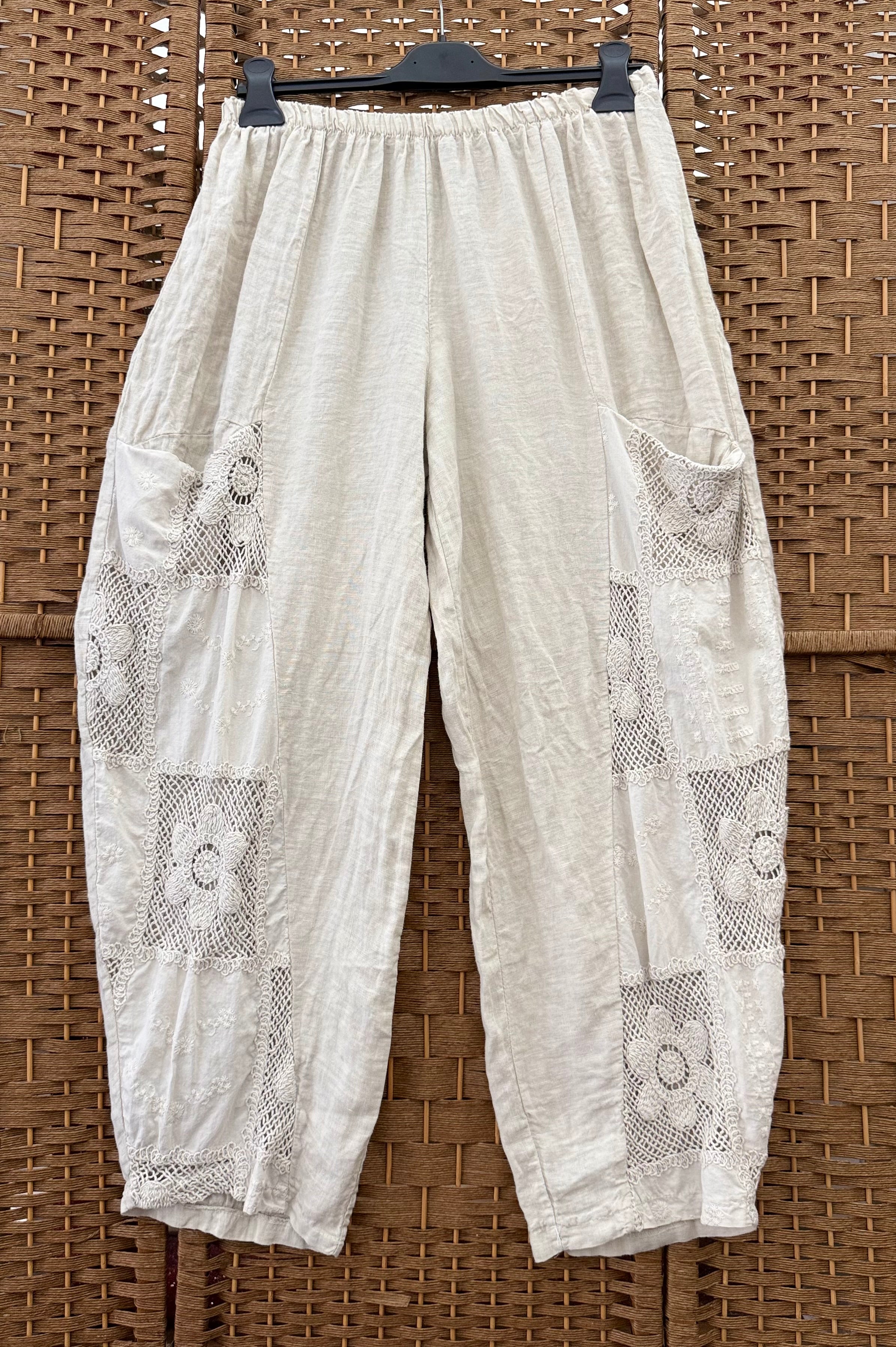 Beige Linen Balloon Trousers – Embroidery & Low Pockets, 100% Linen