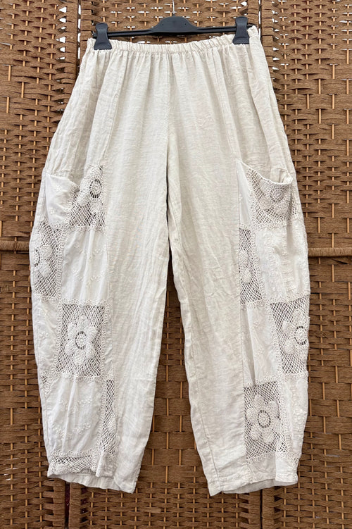 Beige Linen Balloon Trousers – Embroidery & Low Pockets, 100% Linen
