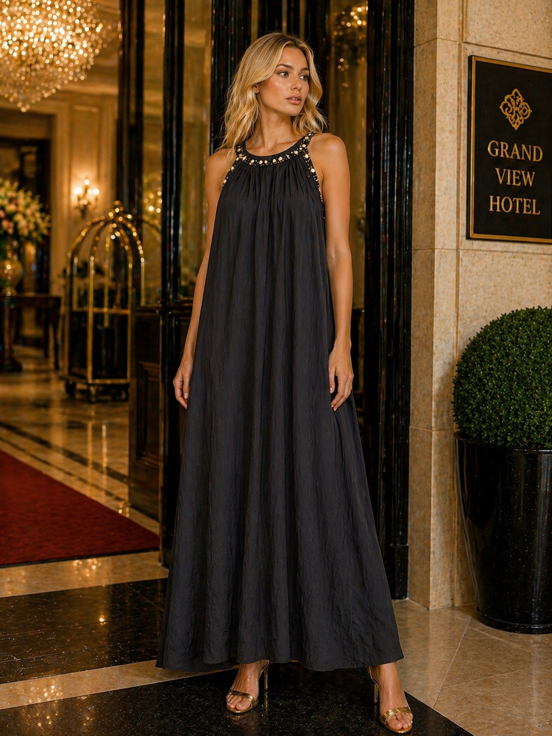 Black Crinkle Evening Dress with Gold Beaded Sleeves