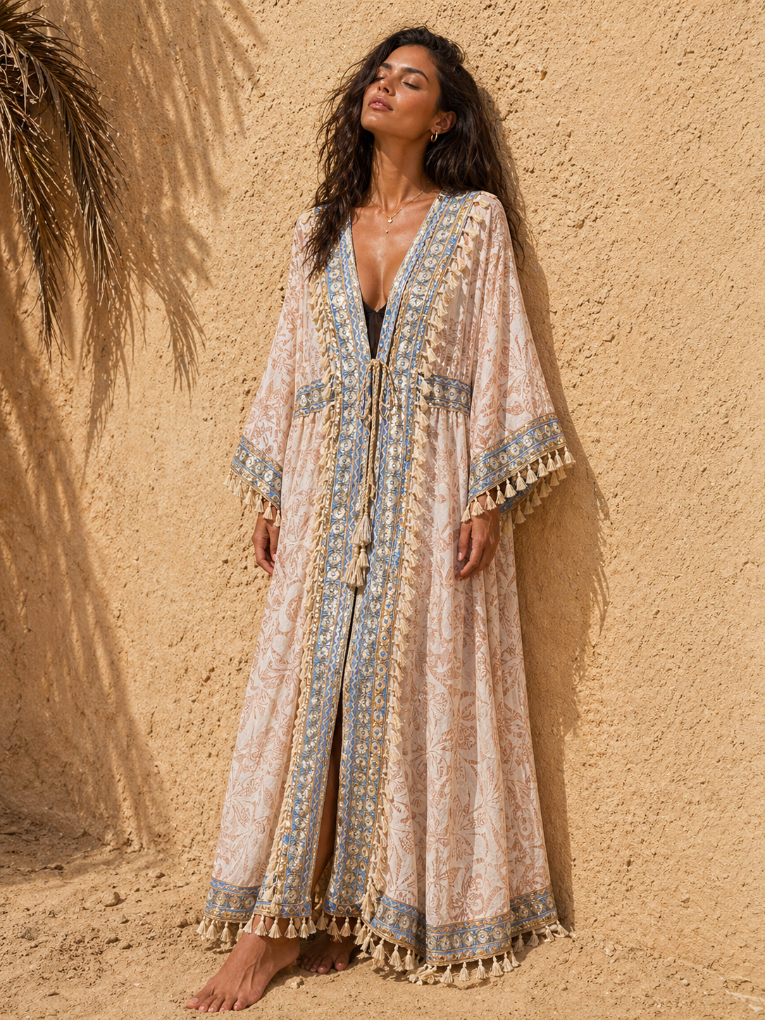 Lace Kimono Kaftan – Beige & Brown with Gold & Blue Details