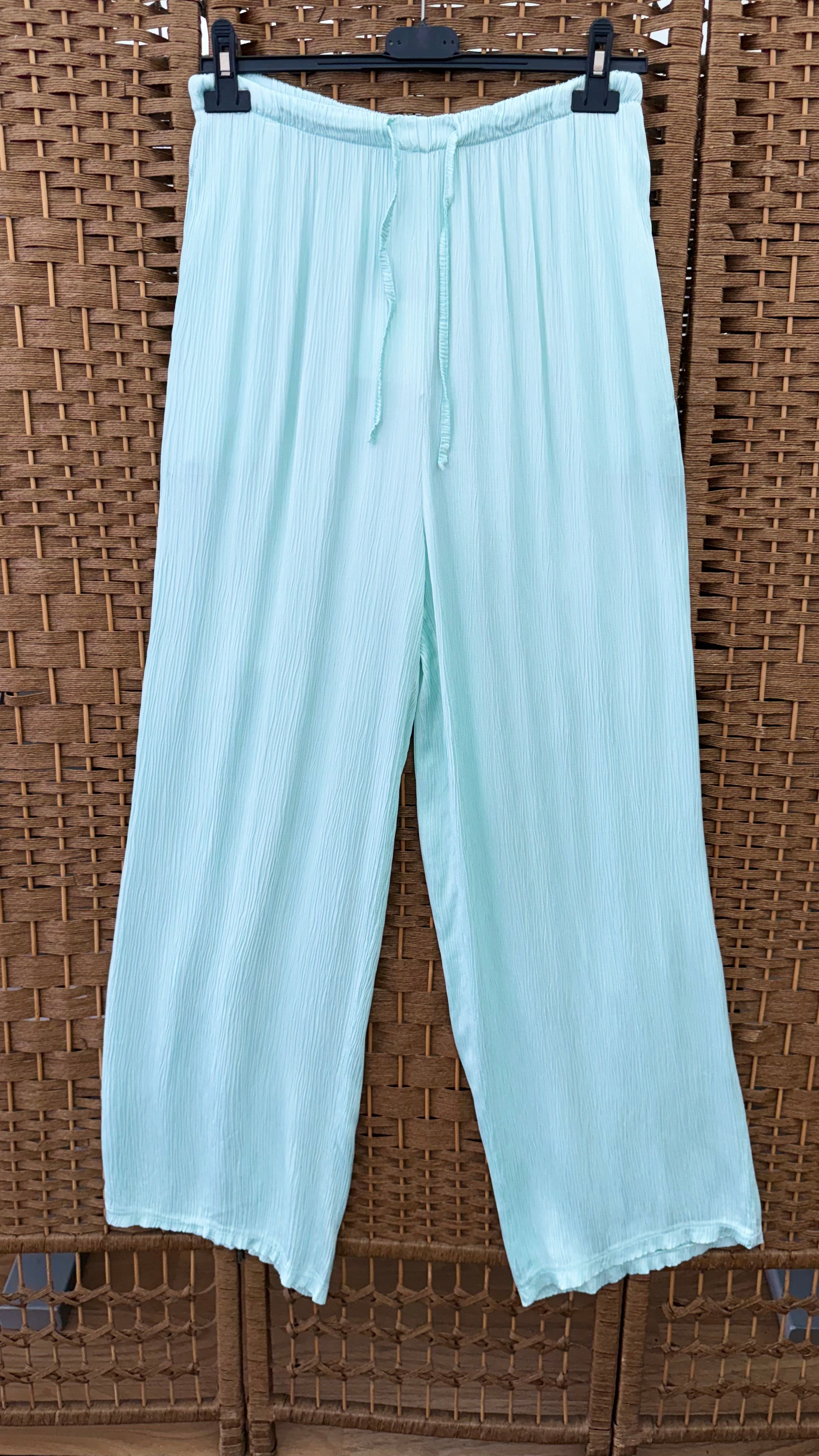 Plissé Viscose Trousers – Light Turquoise & Yellow