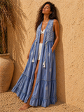 Cotton Kimono – Denim Blue with Silver Beads & White Embroidery