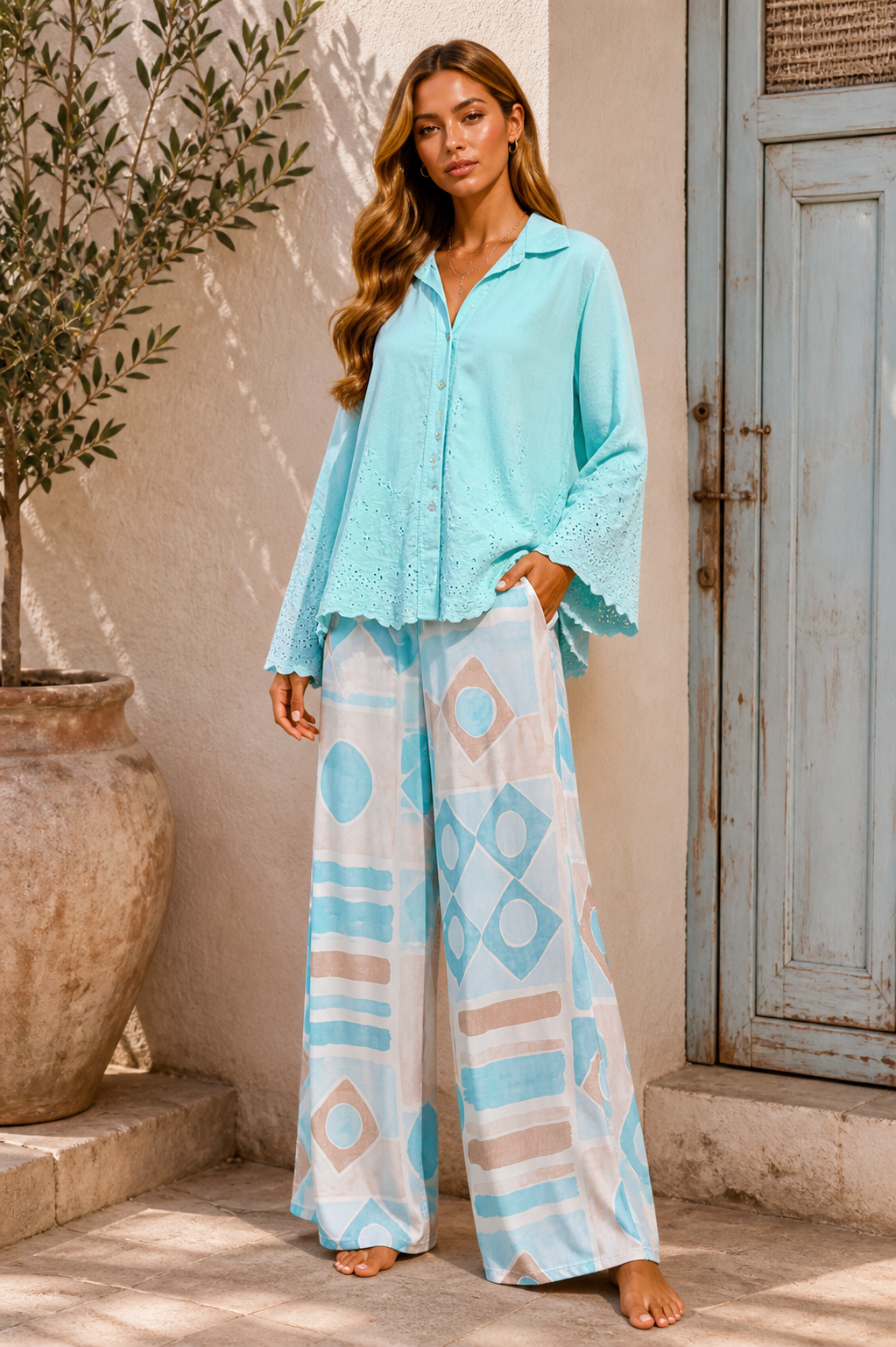 Cotton Eyelet Shirt – Yellow & Light Turquoise with Wide Sleeves
