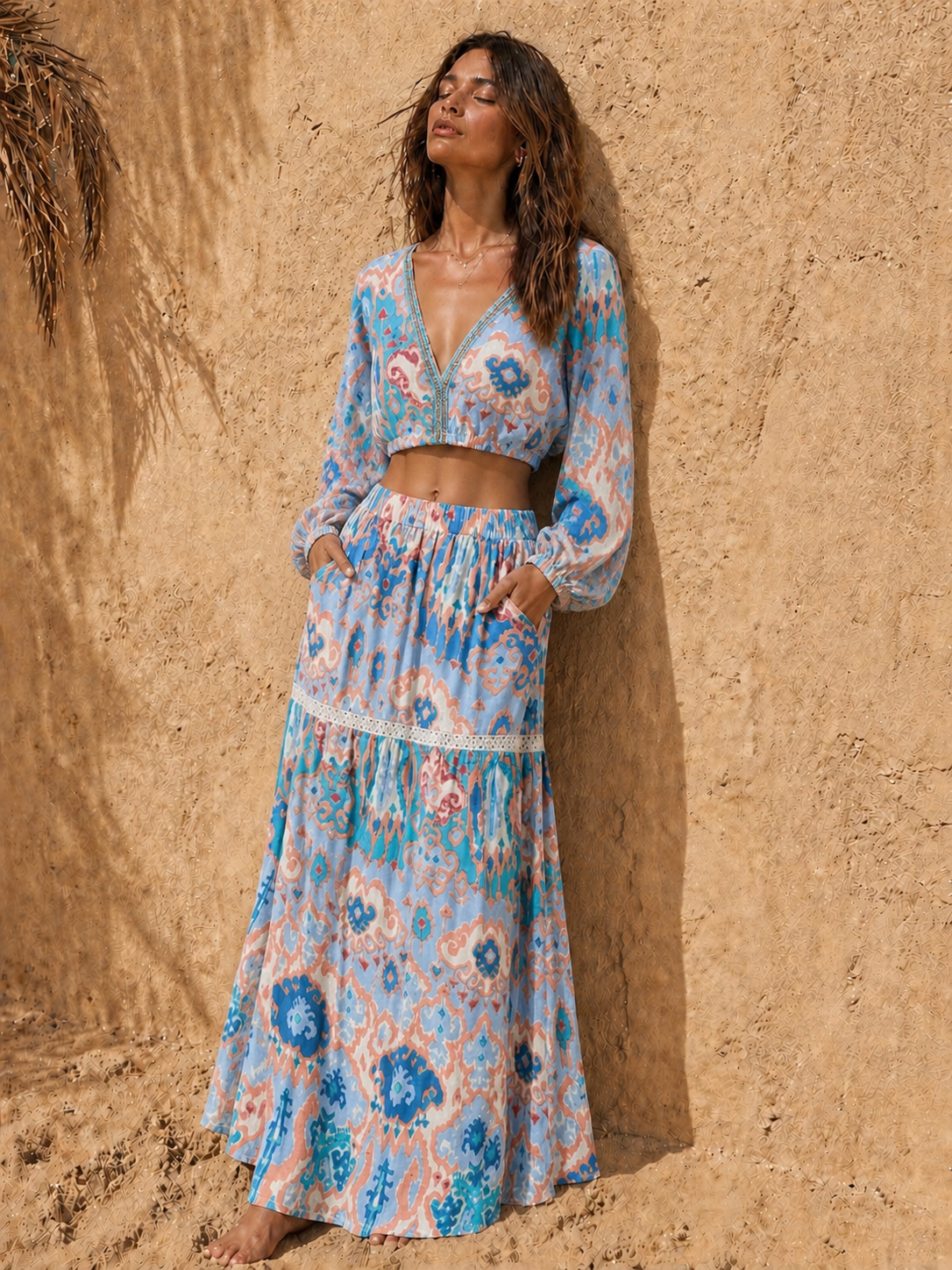 Beaded V-Neck Crop Top & Skirt Co-ord Set