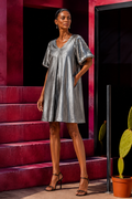 Linen and viscose silver dress with sequined sleeves