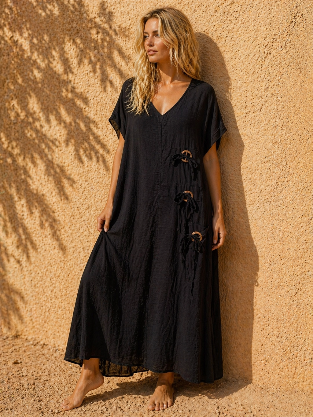 Wide Viscose Dress with Brown Button Detail – Black & Beige